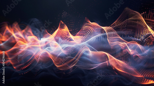 Sci-fi background of glowing electron particles. The particles form a wave-like network. Digital Particle Transfer Concept