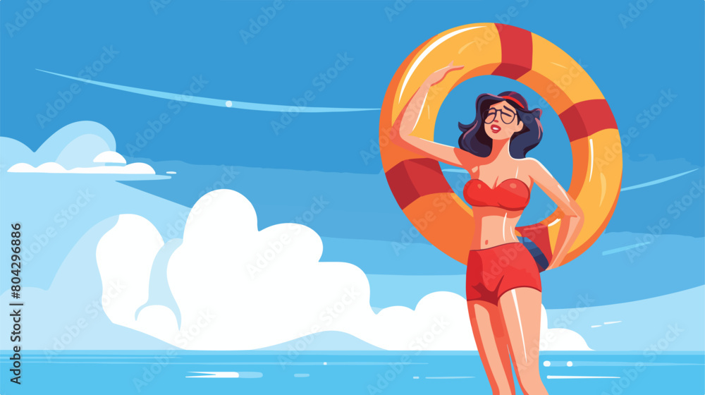 Female lifeguard with ring buoy whistling on blue b