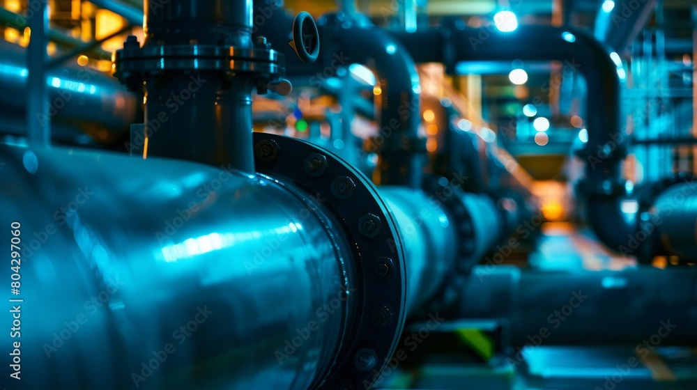 Fototapeta premium PE pipe plant, Industrial PE pipes with blue line for gas and water. HDPE pipe, Polyethylene PE100 pipe. Polyethylene pipe plant