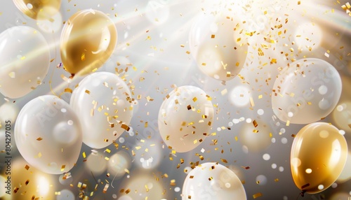 A festive balloon and confetti background for birthday or anniversary celebrations, featuring gold and white balloons with a joyful party atmosphere