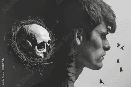 Surreal male profile with skull and bird nest - conceptual art exploring existence