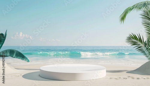 A beach-themed podium for summer product displays, set against a backdrop of the sea and sand, perfect for promotional or vacation-themed presentations