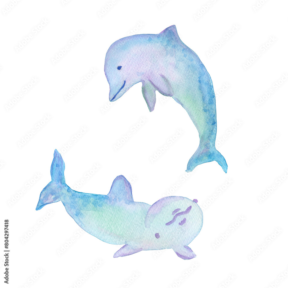 two dolphins with smile emotions set watercolor illustration isolated on white background base for textile design tableware stickers postcards banners. two dolphins with smile emotions set watercolor illustration isolated on white background base for textile design tableware stickers postcards banners.