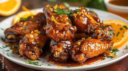 Irresistible fried chicken wings smothered in a tangy orange ginger glaze, garnished with orange zest photo
