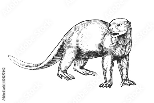 Vector hand-drawn illustration of a Giant Otter in the style of engraving. A sketch of a wild Brazilian animal isolated on a white background. Fauna of South America. photo