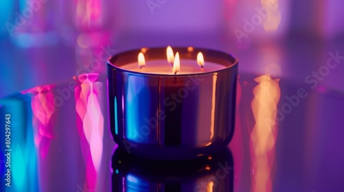 A decadent triplewicked candle in a sleek black jar releasing a rich vanilla and amber fragrance.