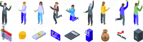People payday icons set isometric vector. Happy event salary. Payroll date