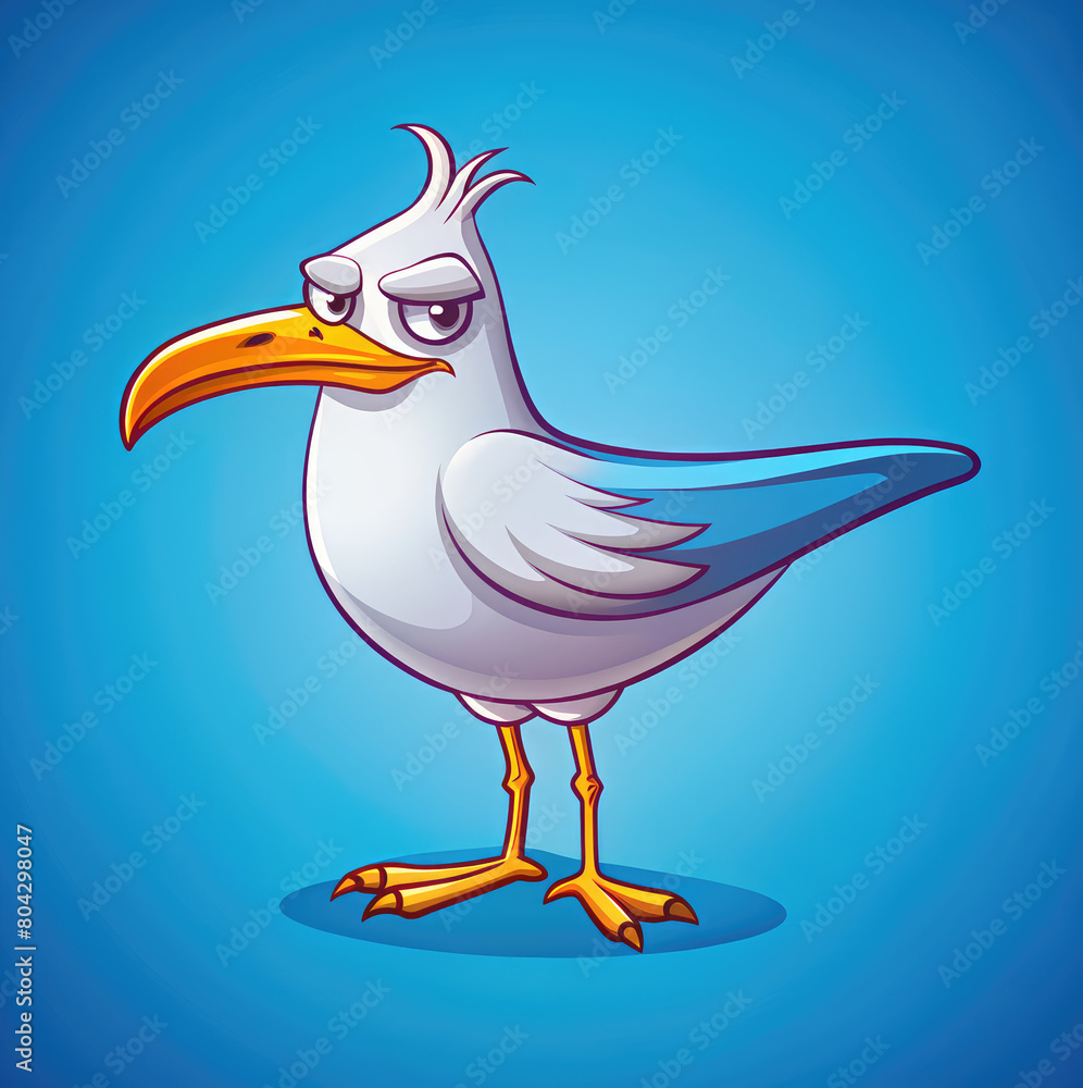 Obraz premium An illustration with a picture of a seagull. Cartoon style. Funny Angry bird character highlighted on a blue background. Vector illustratio