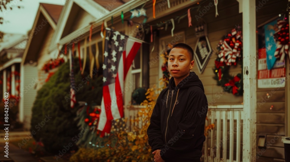 Patriotic Young Man Standing in Front of Decorated American House
