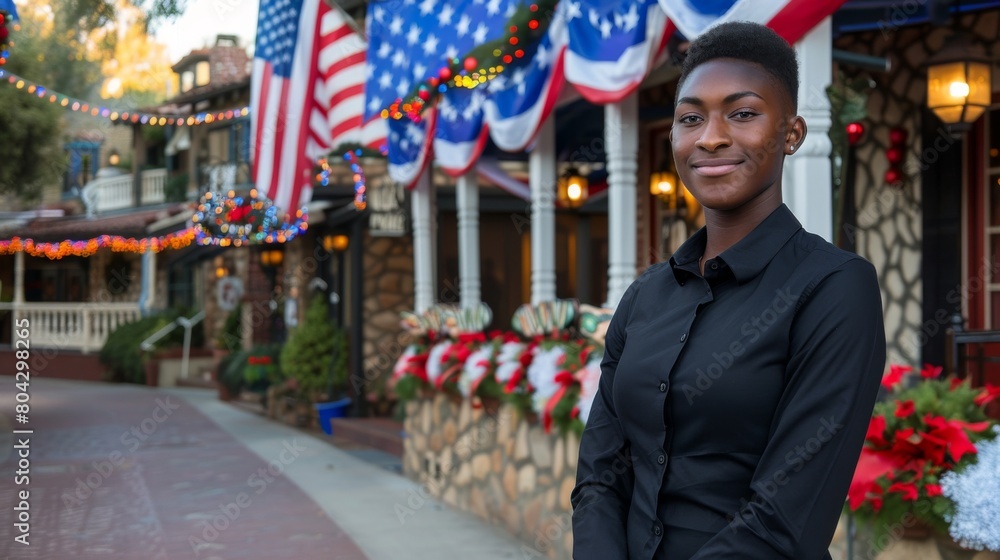 Confident Young Woman Smiling in Patriotic Decorated Street