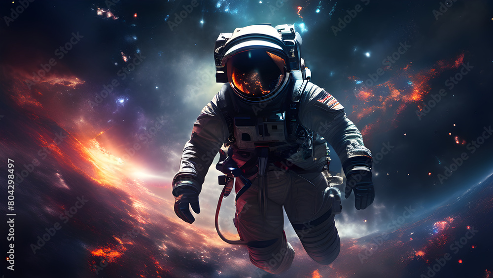 An ultra-high-resolution digital painting of an astronaut floating in the starry darkness against a cosmic background with distant nebulae, with dramatic lighting highlighting the outline of his space An ultra-high-resolution digital painting of an astronaut floating in the starry darkness against a cosmic background with distant nebulae, with dramatic lighting highlighting the outline of his space