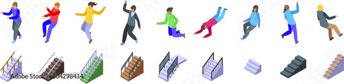 People falling down stairs icons set isometric vector. Health insurance. Accidentally injury