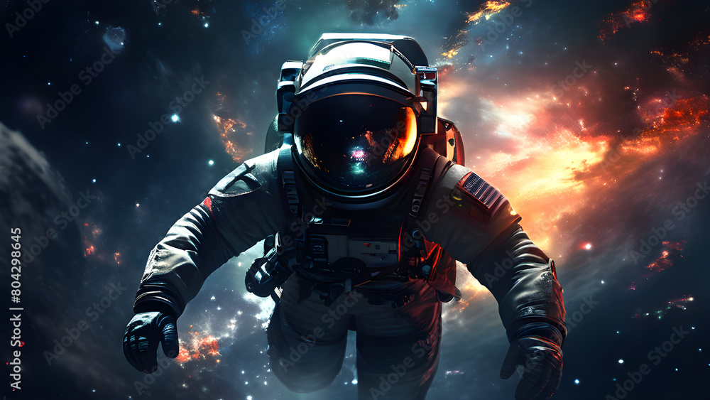 An ultra-high-resolution digital painting of an astronaut floating in the starry darkness against a cosmic background with distant nebulae, with dramatic lighting highlighting the outline of his space An ultra-high-resolution digital painting of an astronaut floating in the starry darkness against a cosmic background with distant nebulae, with dramatic lighting highlighting the outline of his space
