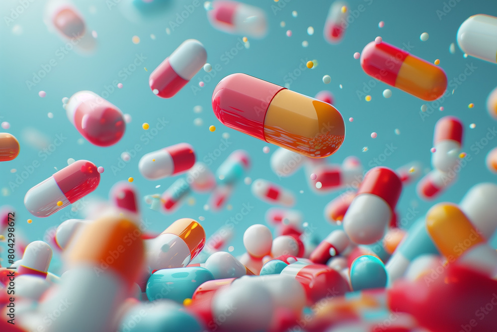 Pills and medicines, levitation in the air, 3D illustration Pills and medicines, levitation in the air, 3D illustration