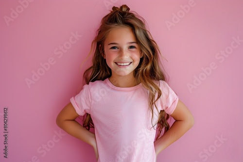 Radiant Young Girl in Soft Pastel Pink Backdrop,Warm and Friendly Lifestyle Portrait photo