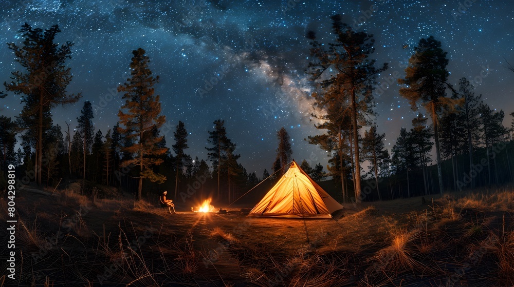 Secluded Forest Campsite Under a Starry Nightsky,Capturing the Connection Between Humans and Nature through Long Exposure Photography