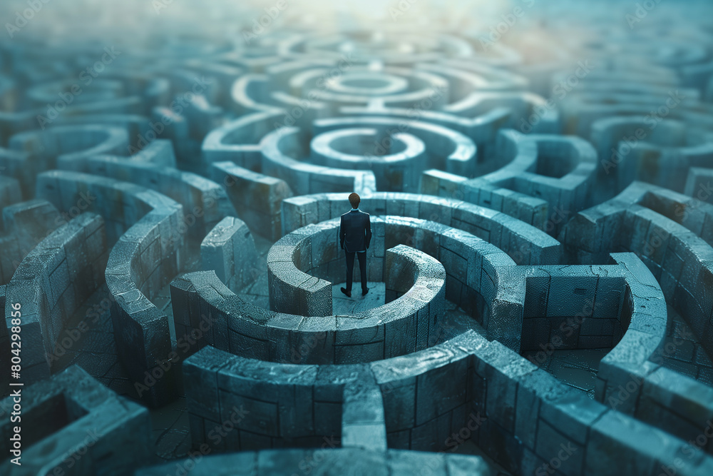 Businessman standing in middle of a maze looking for the right way out , problems and solutions concept, 3D illustration Businessman standing in middle of a maze looking for the right way out , problems and solutions concept, 3D illustration