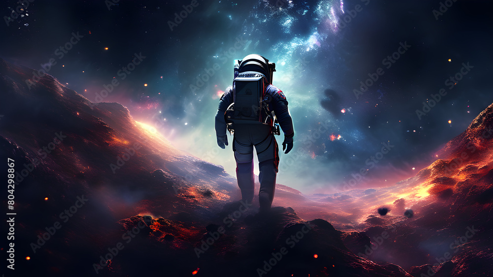 Fototapeta premium An ultra-high-resolution digital painting of an astronaut floating in the starry darkness against a cosmic background with distant nebulae, with dramatic lighting highlighting the outline of his space