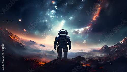 An ultra-high-resolution digital painting of an astronaut floating in the starry darkness against a cosmic background with distant nebulae  with dramatic lighting highlighting the outline of his space