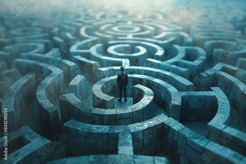 Businessman standing in middle of a maze looking for the right way out , problems and solutions concept, 3D illustration 