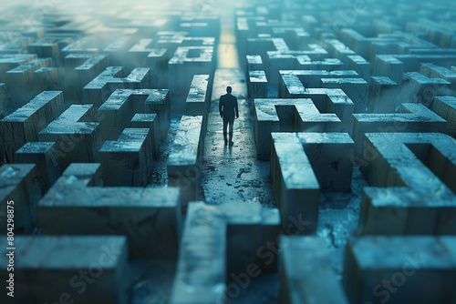 Businessman standing in middle of a maze looking for the right way out , problems and solutions concept, 3D illustration 