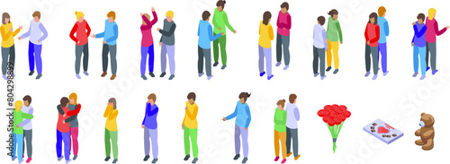 Couples conflict icons set isometric vector. Angry people. Scandal pair