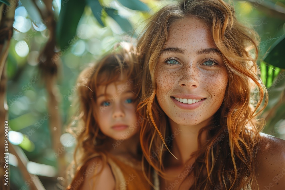 Redheaded mother and young daughter smile in a lush tropical environment Redheaded mother and young daughter smile in a lush tropical environment