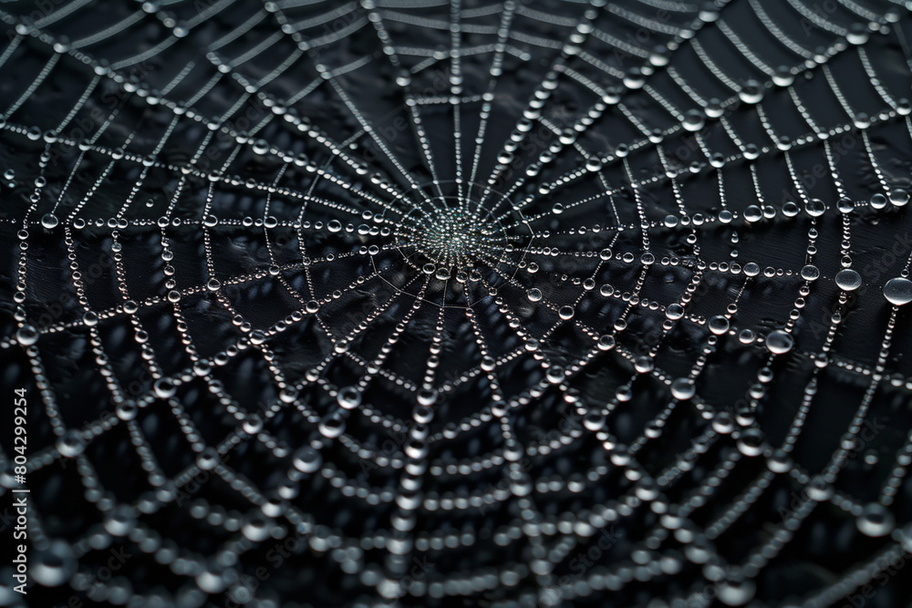 Spider web covered in water drops, top view, 3D illustration