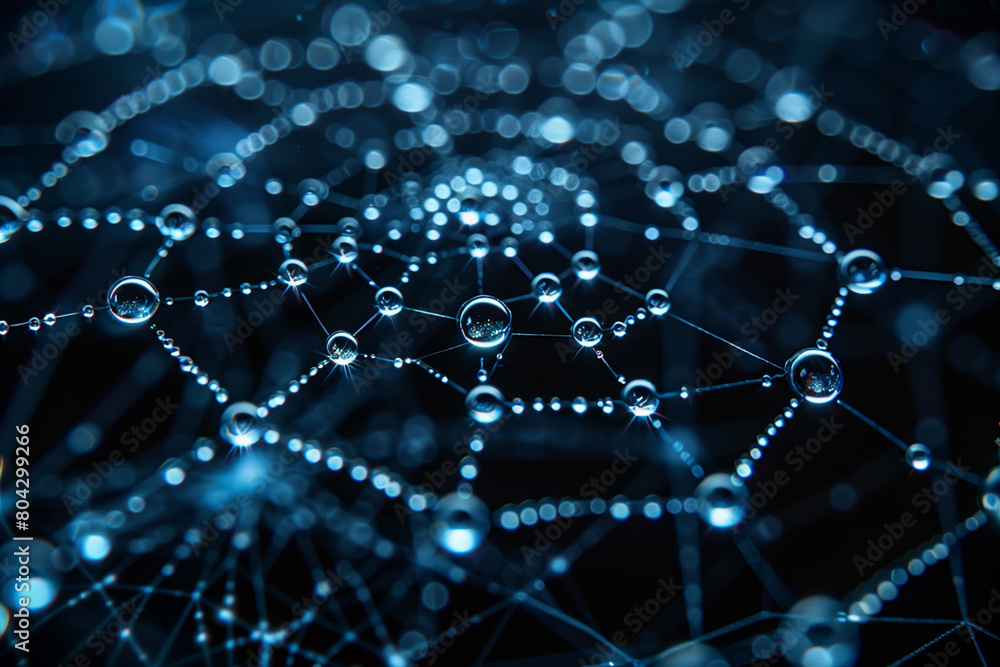 Spider web covered in water drops, top view, 3D illustration Spider web covered in water drops, top view, 3D illustration