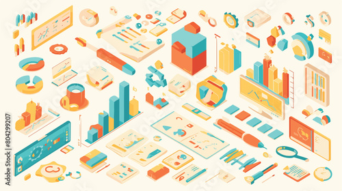 Flat 3d isometric infographic elements icons graph