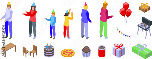 Birthday outside party icons set isometric vector. Cake food. Summer cooking