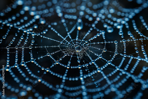 Spider web covered in water drops, top view, 3D illustration © Anna