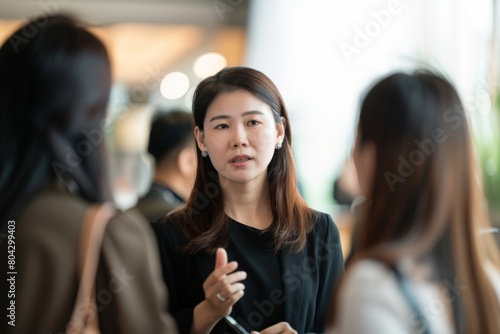 Female professional discussing with coworkers in meeting at conference event
