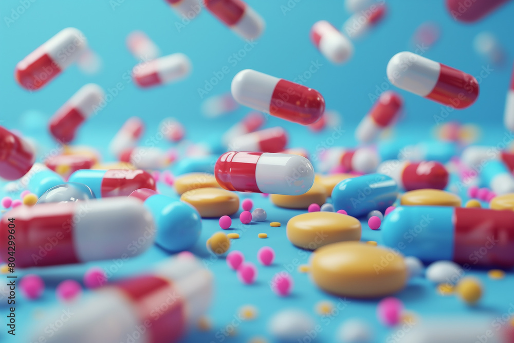 Pills and medicines, levitation in the air, 3D illustration