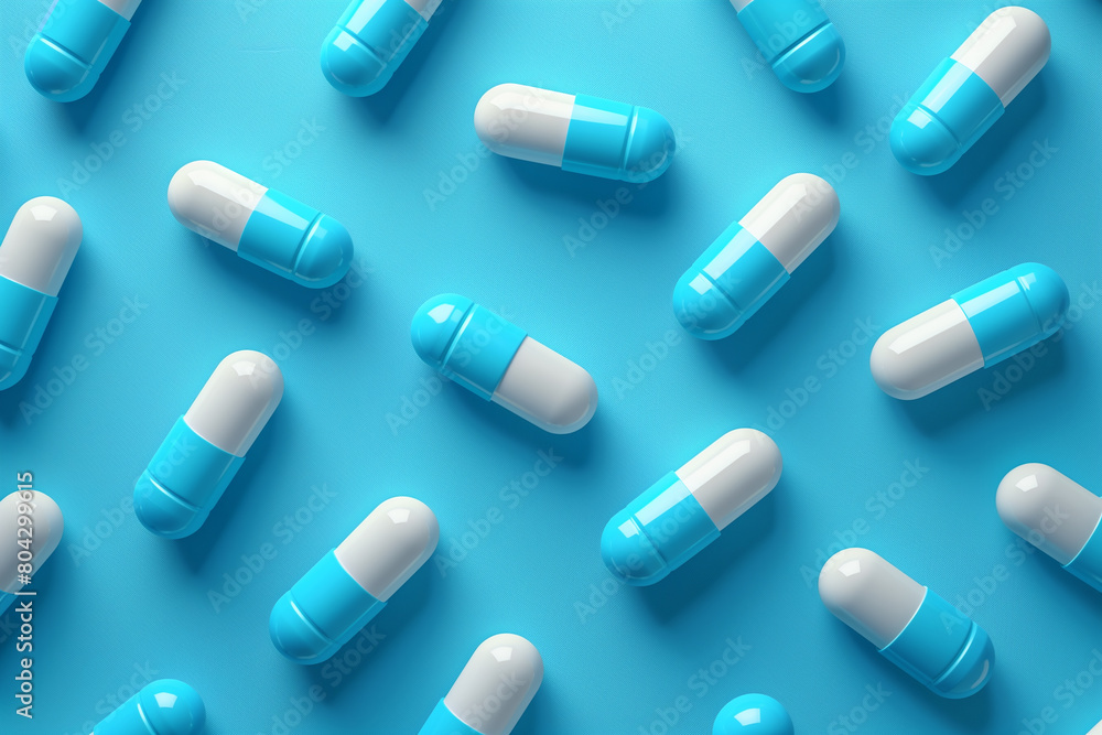 White and blue pills arranged in rows on a blue background, pattern, 3D illustration White and blue pills arranged in rows on a blue background, pattern, 3D illustration