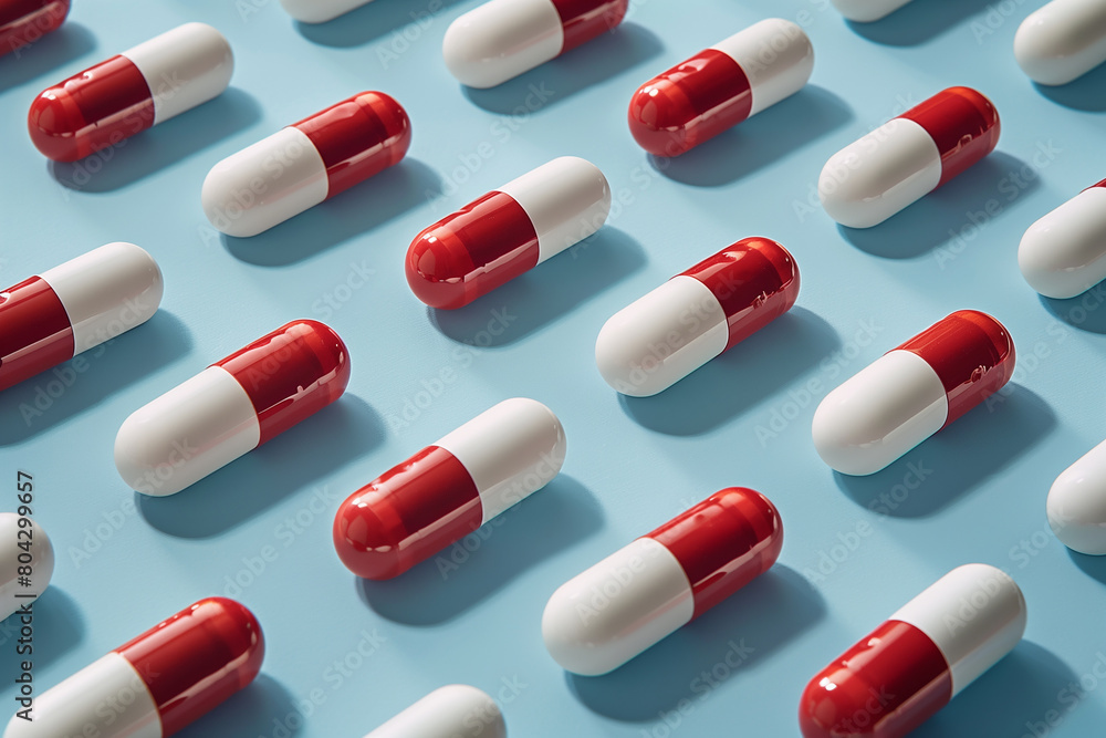 White and red pills arranged in rows on a blue background, pattern, 3D illustration White and red pills arranged in rows on a blue background, pattern, 3D illustration