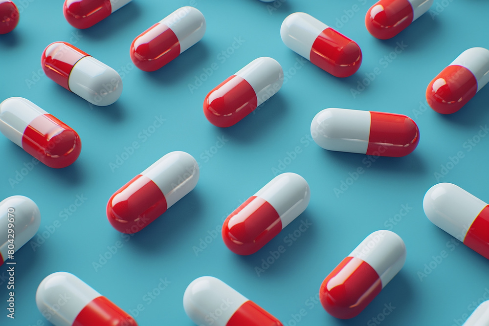 White and red pills arranged in rows on a blue background, pattern, 3D illustration White and red pills arranged in rows on a blue background, pattern, 3D illustration