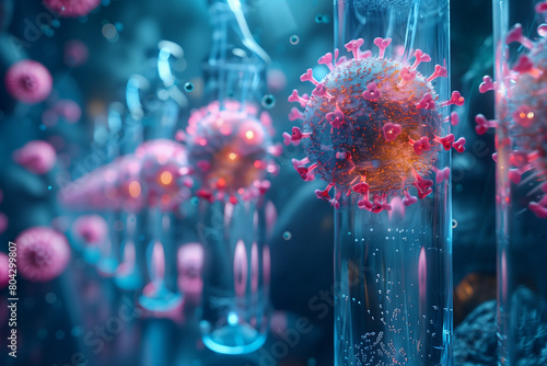 Background concept on coronavirus outbreak from wuhan, china with medical ampoules and laboratory glassware, 3d, illustration photo