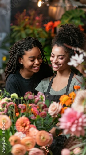 Two women are smiling at each other while looking at flowers