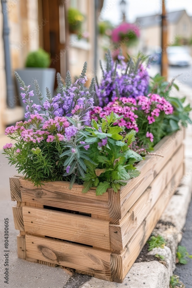 Wooden Planter Filled With Purple Flowers