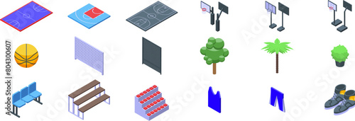 Street basketball court icons set isometric vector. Outdoor arena. Game town