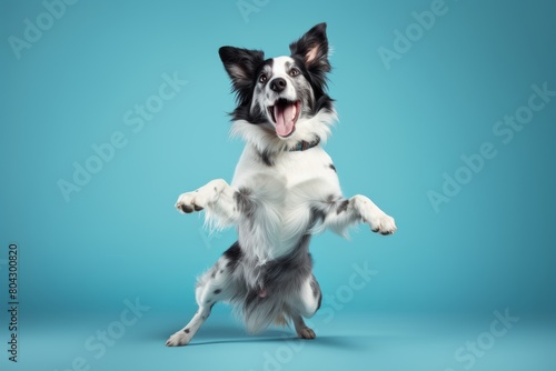 funny blue merle border collie dog dancing on pastel blue background. Veterinary clinic, grooming salon, pet shop ad.  © Dina