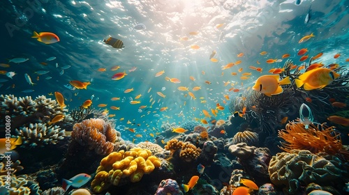 Vibrant Coral Reef Teeming with Diverse Tropical Fish in an Underwater Seascape