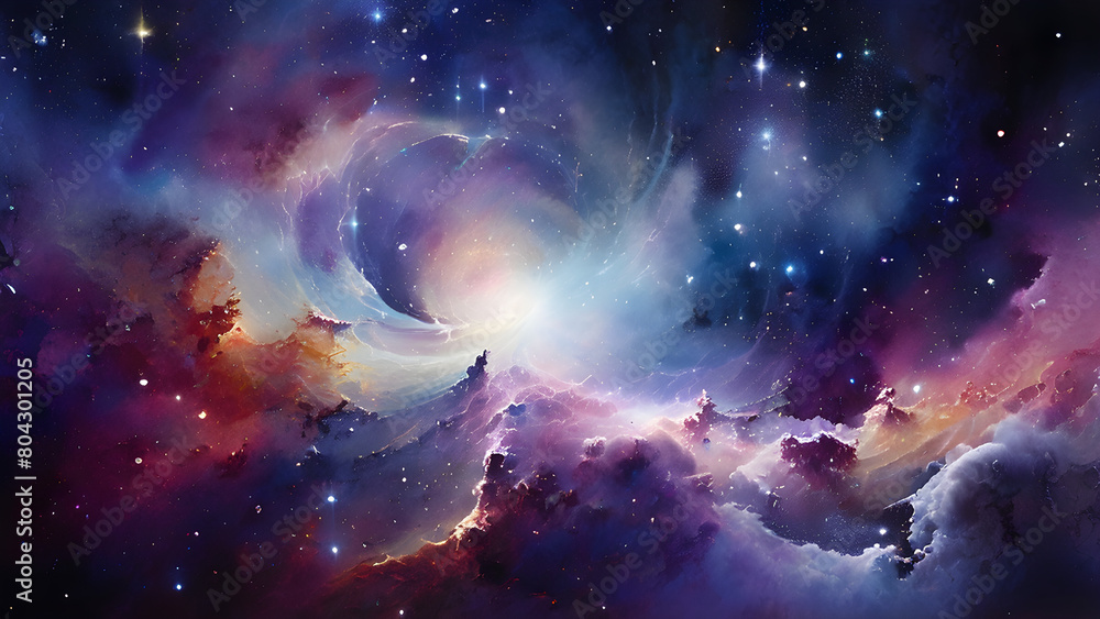 Naklejka premium Surreal space landscape. Twinkling stars and spiraling distant galaxies beyond the spectrum visible to the naked eye. Ultra-high resolution, admirable depth, and infinite space
