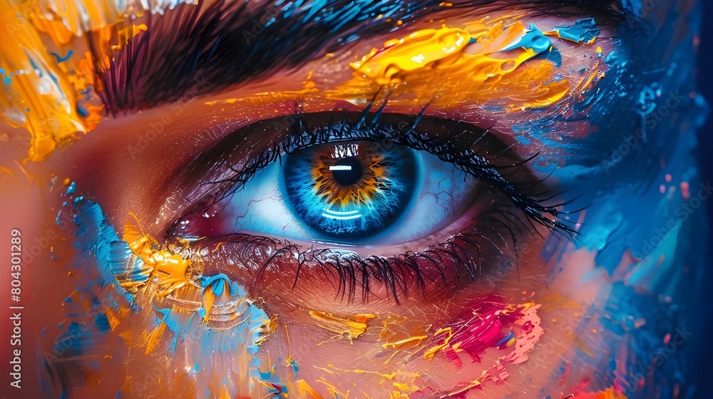 Vivid Eye Makeup Portrait with Vibrant Colorful Paint Splatters and Textures