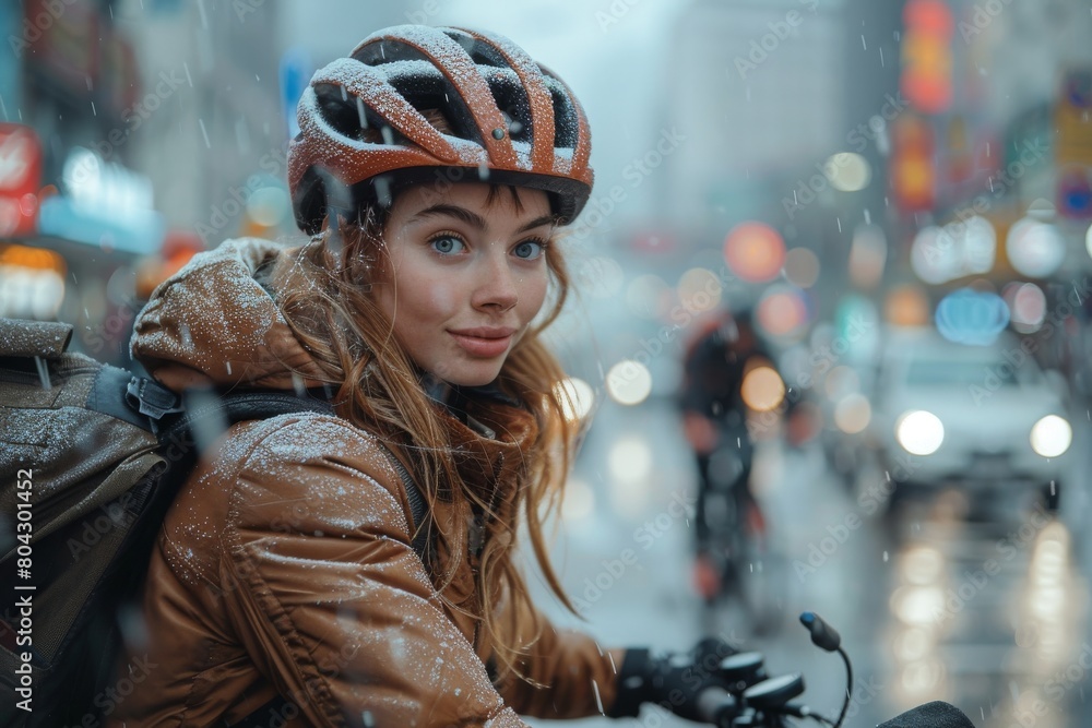 A young woman in a helmet looks back, with snowflakes visible on her jacket and a city backdrop A young woman in a helmet looks back, with snowflakes visible on her jacket and a city backdrop