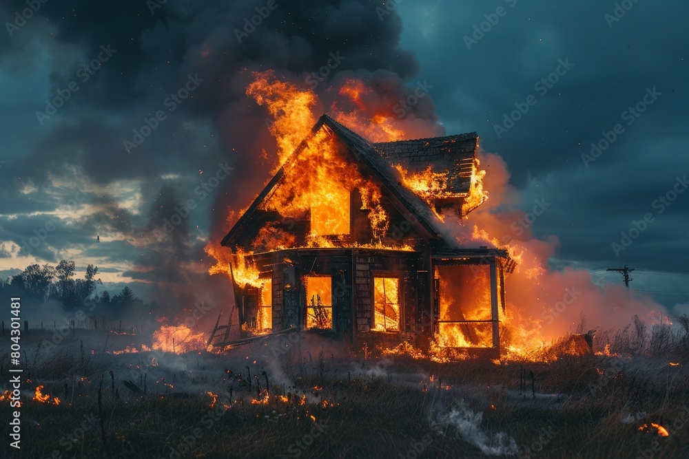 House Engulfed in Flames in Field
