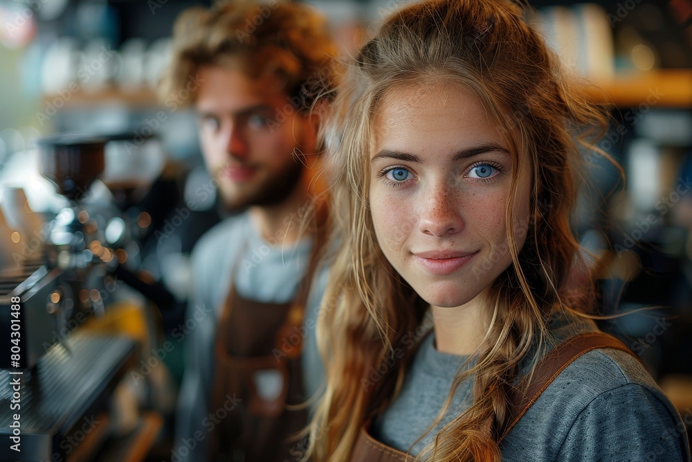 Fototapeta premium Two cheerful baristas behind an espresso machine in a coffee shop with a friendly ambiance