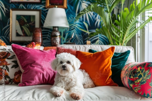 white maltese purebred dog or puppy at maximalist colorful interior on the couch living luxury life at fancy home