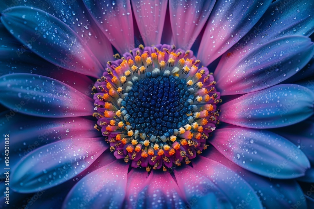 Obraz premium Detailed view of a blue and pink flower covered in water droplets